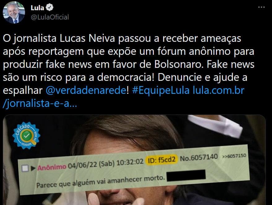 Lula classifica ameaças a jornalistas como "risco para a democracia"