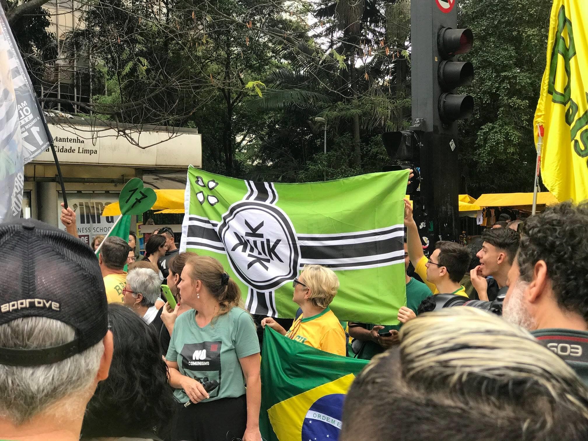 Bandeira inspirada no nazismo é exibida em manifestação pró-Bolsonaro