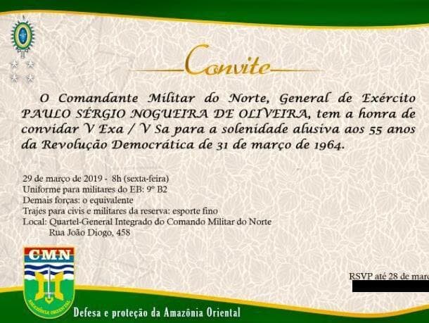 Comando Militar do Norte convida para evento de saudação à "revolução democrática" de 64