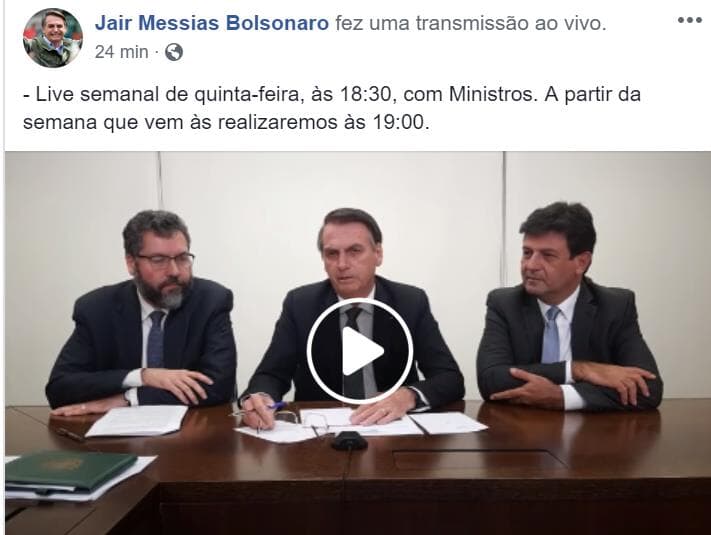 Bolsonaro faz transmissão ao vivo ao lado dos ministros da Saúde e das Relações Exteriores