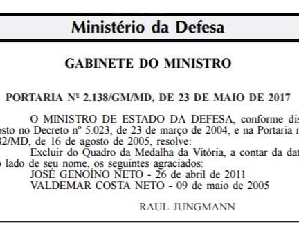 Jungmann revoga medalha concedida pelo Ministério da Defesa a Genoino e Valdemar Costa Neto