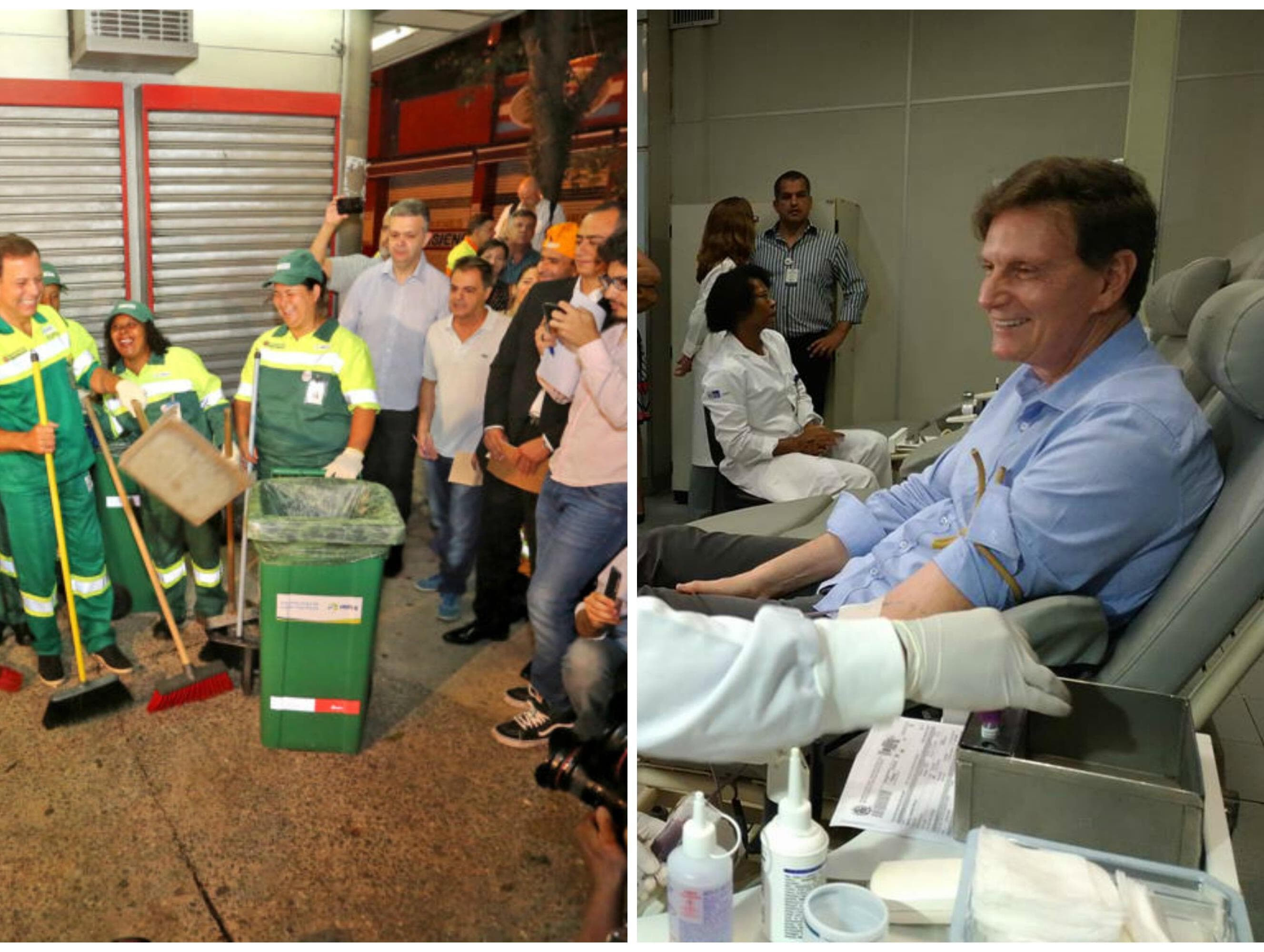 No primeiro dia de trabalho, Doria posa de gari e Crivella doa sangue