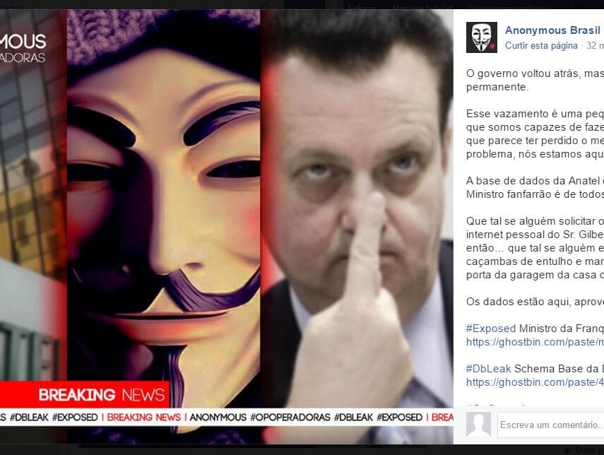 Anonymous divulga dados de Kassab e Anatel em protesto contra limitação da internet