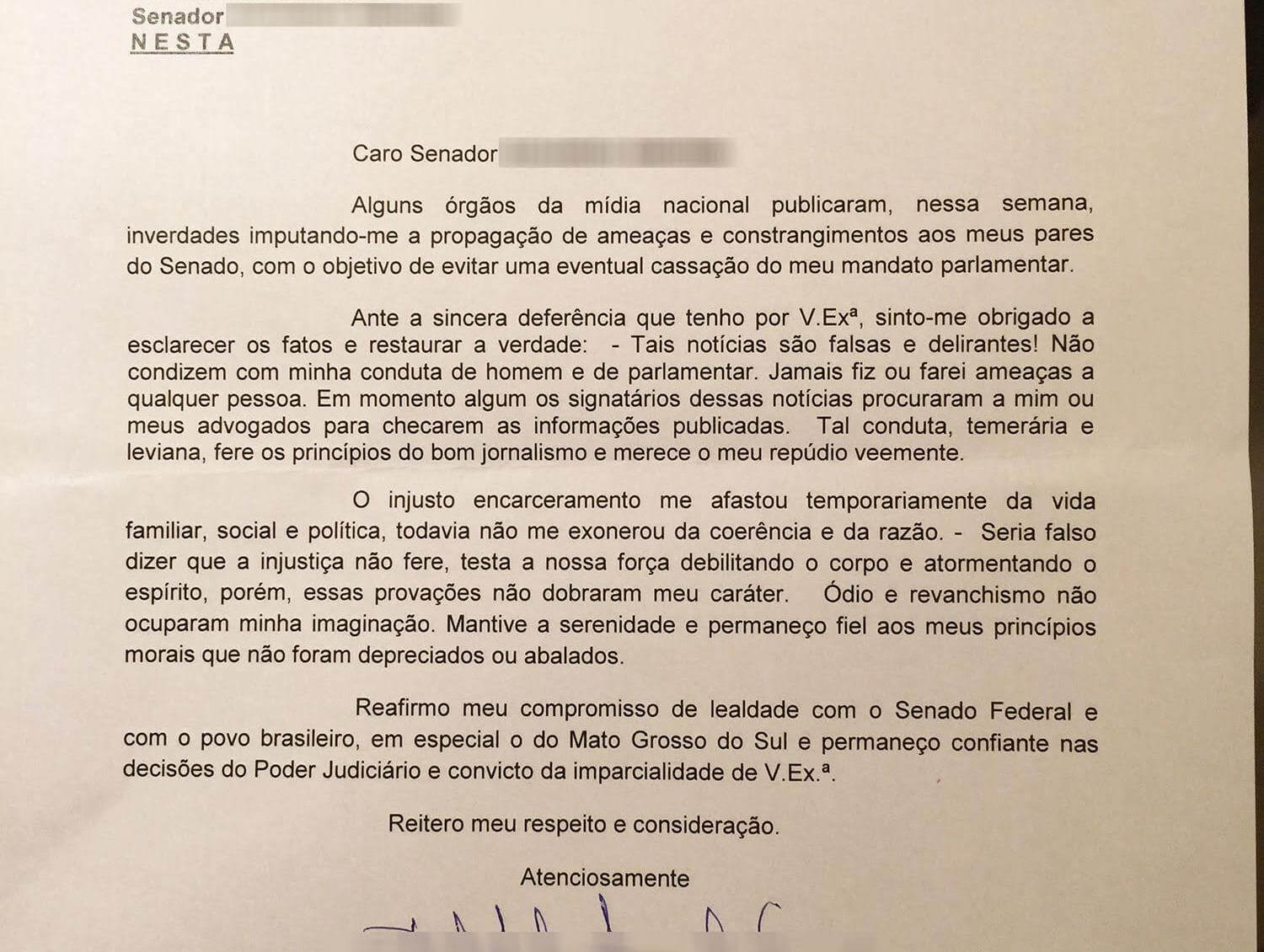 Em carta, Delcídio nega ter feito ameaças a senadores