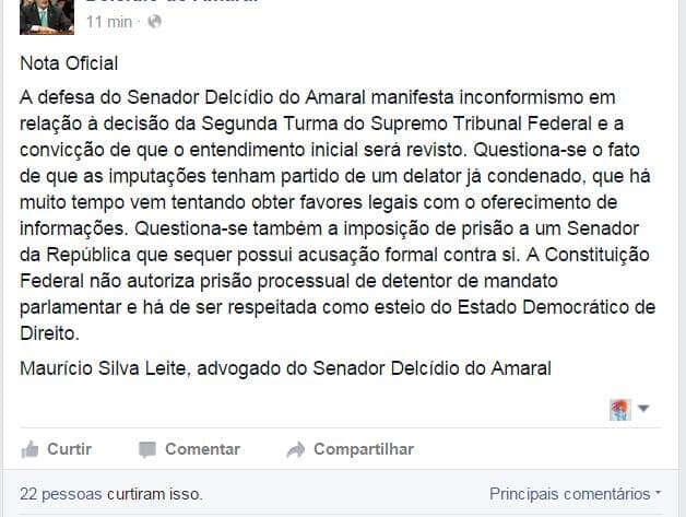 Defesa de Delcídio se diz "inconformada" com decisão do STF