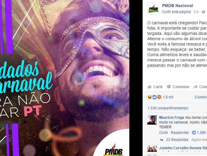 PMDB provoca o PT no Facebook: "Cuidados no carnaval para não dar PT"