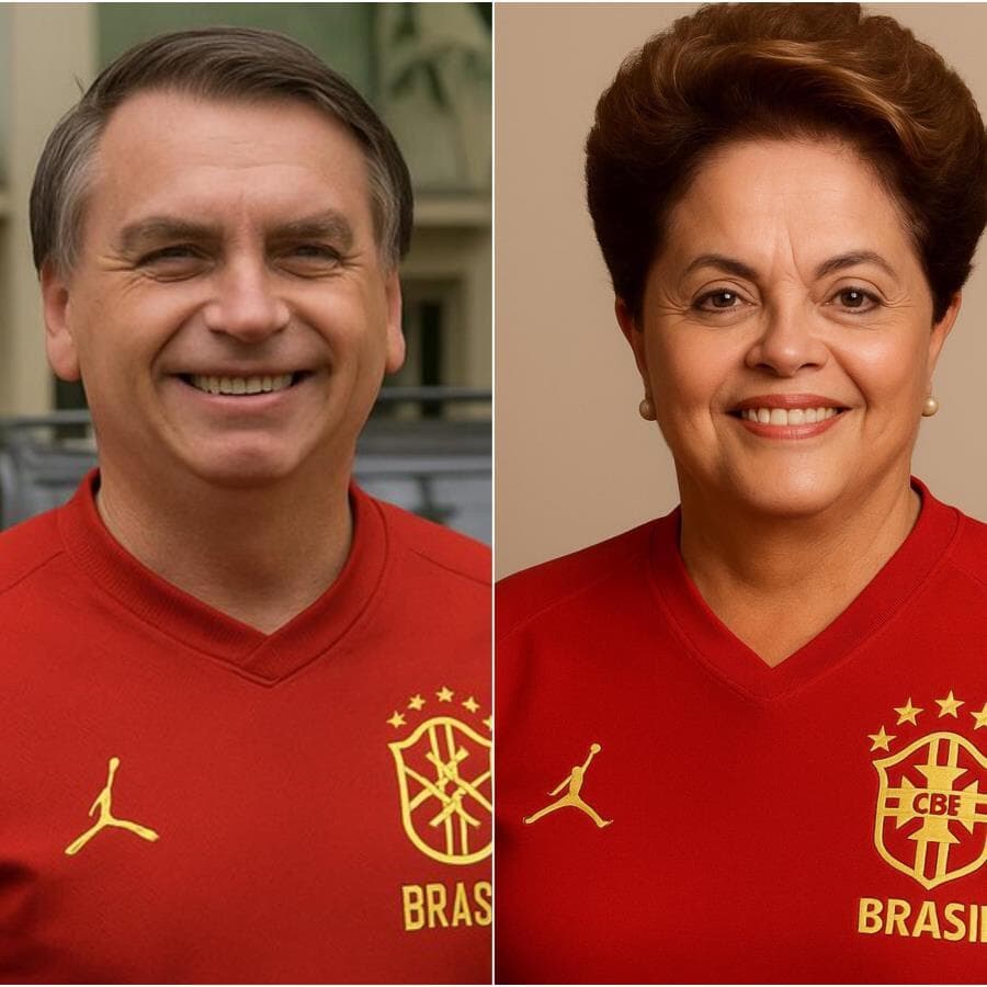 Imagens geradas por inteligência artificial mostram o ex-presidente Jair Bolsonaro e a ex-presidente Dilma Rousseff com o uniforme vermelho. - Reprodução/X (gerada por inteligência artificial)