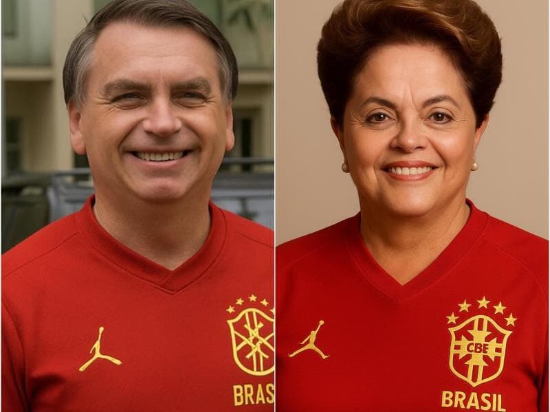 Imagens geradas por inteligência artificial mostram o ex-presidente Jair Bolsonaro e a ex-presidente Dilma Rousseff com o uniforme vermelho. - Reprodução/X (gerada por inteligência artificial)