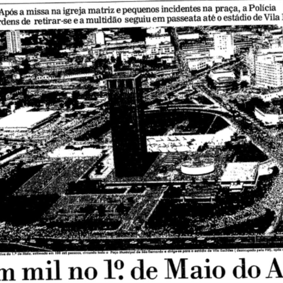 Capa da Folha de S.Paulo em 2 de maio de 1980 dava destaque ao ato no ABC Paulista. - Reprodução/Folha de S.Paulo