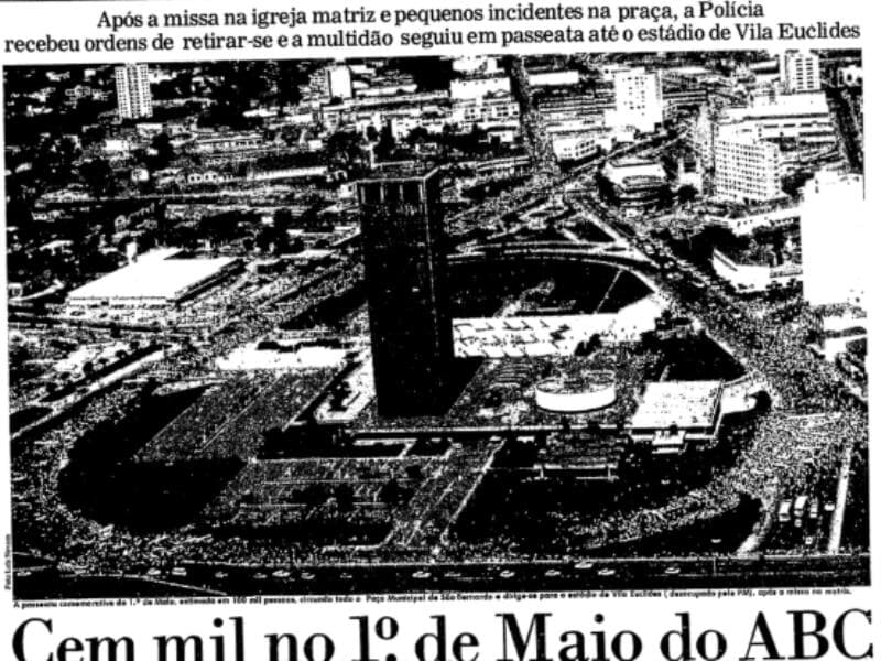 Capa da Folha de S.Paulo em 2 de maio de 1980 dava destaque ao ato no ABC Paulista. - Reprodução/Folha de S.Paulo