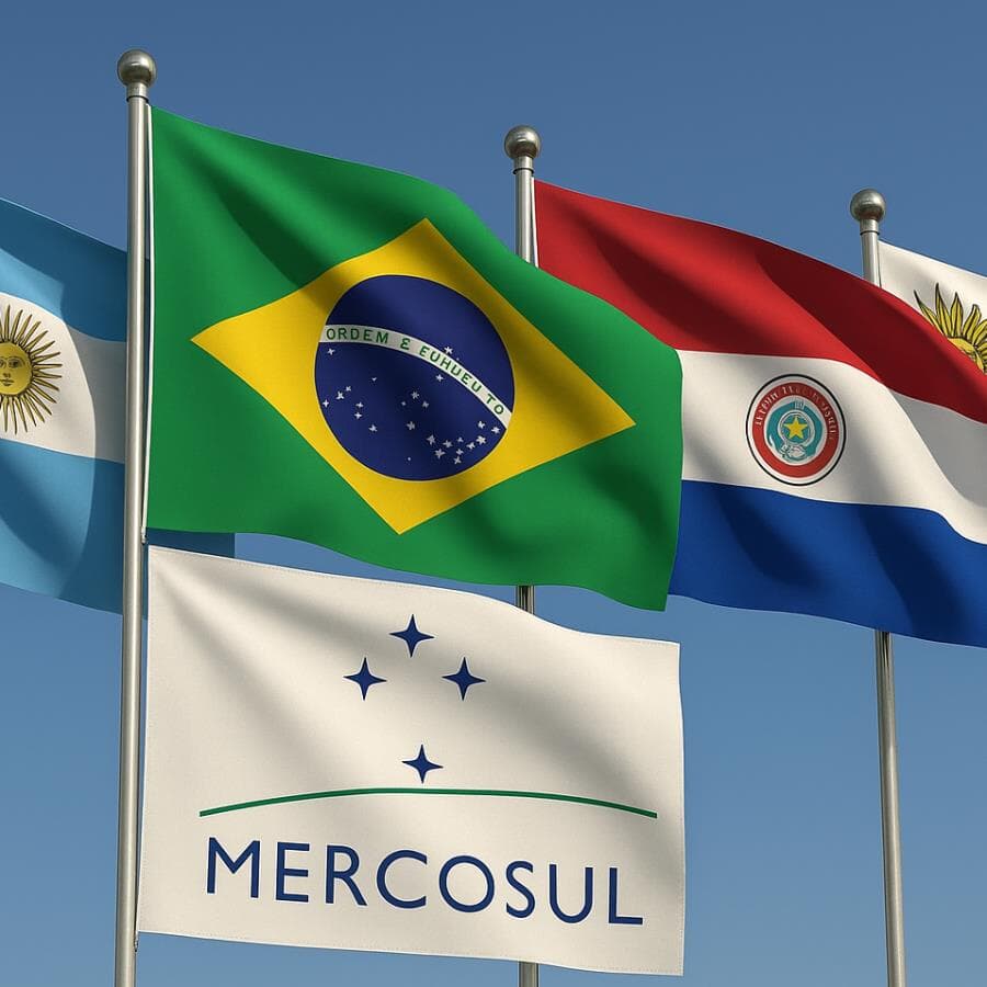 Estados-membros do Mercosul: Argentina, Brasil, Paraguai e Uruguai. - Imagem gerada por IA