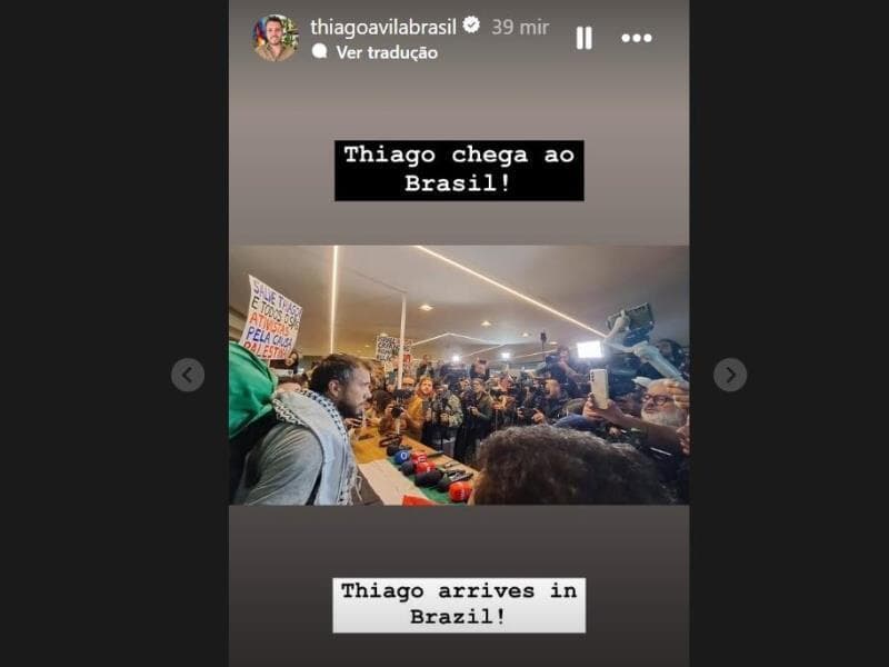 Nos Stories do Instagram, a chegada de Thiago Ávila na manhã desta sexta-feira em Guarulhos. - Reprodução/Instagram