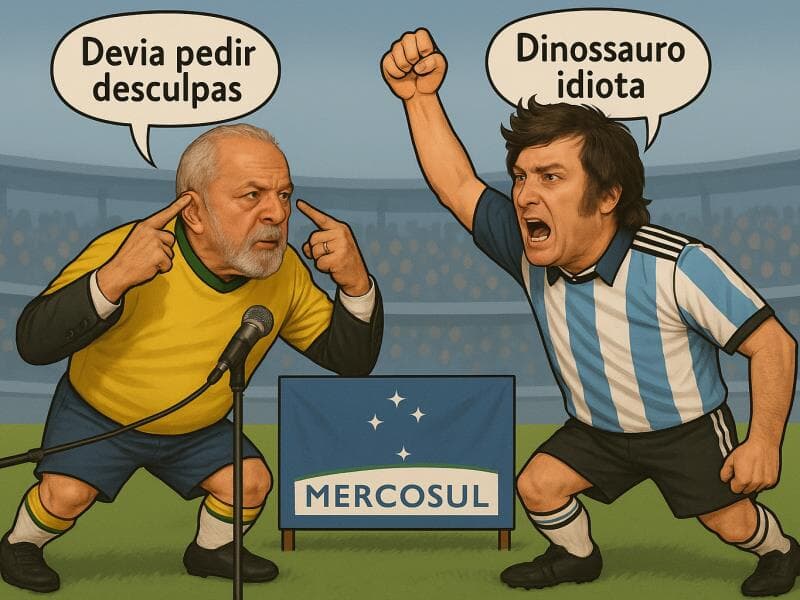 Milei passará a Lula a presidência do Mercosul nesta semana. Argentino é crítico do bloco econômico e tem histórico de ataques ao colega brasileiro. - Arte Congresso em Foco/IA/ChatGPT