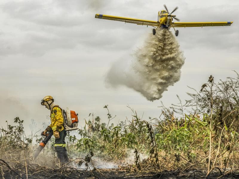Com o auxílio de aviões, brigadistas do Prevfogo/Ibama combatem incêndios florestais no Pantanal. - Marcelo Camargo/Agência Brasil