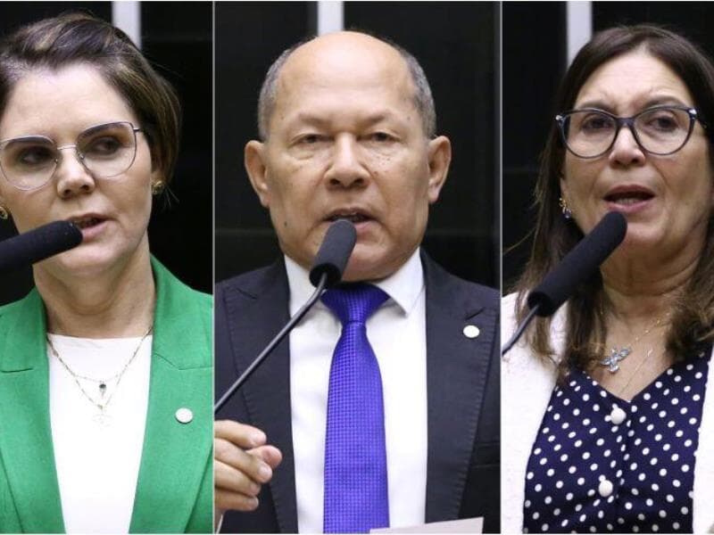 Os deputados Coronel Fernanda (PL-MT), Coronel Chrisóstomo (PL-RO) e Bia Kicis (PL-DF) serão titulares na CPMI do INSS. - Vinicius Loures/Câmara dos Deputados, Kayo Magalhães/Câmara dos Deputados e Vinicius Loures/Câmara dos Deputados
