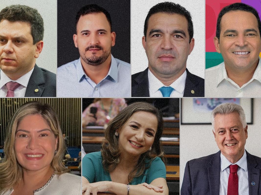 Da esquerda para a direita, os novos deputados: Tiago Dimas, Rafael Bento, André Abdon, Paulo Lemos, Aline Gurgel, Professora Marcivânia e Rodrigo Rollemberg. - Montagem Congresso em Foco