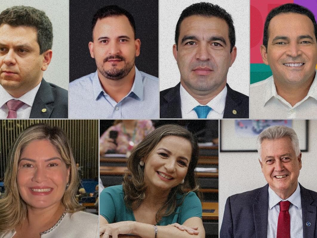 Da esquerda para a direita, os novos deputados: Tiago Dimas, Rafael Bento, André Abdon, Paulo Lemos, Aline Gurgel, Professora Marcivânia e Rodrigo Rollemberg. - Montagem Congresso em Foco