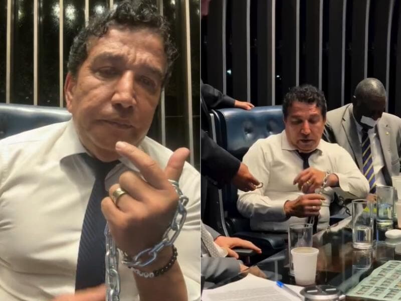 Durante ocupação em protesto à prisão de Bolsonaro, senador acorrentou a mão à cadeira da presidência da Casa. - Divulgação/Magno Malta