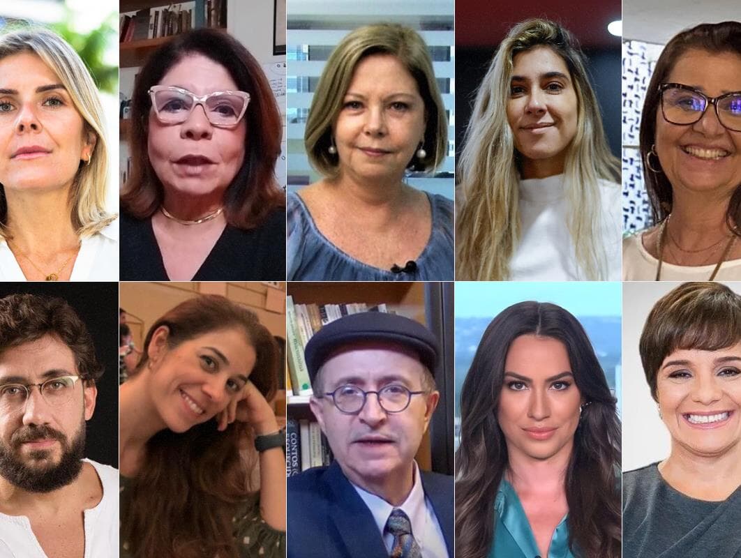Da esquerda para a direita: Deisy Cioccari, Dora Kramer, Eliane Cantanhede, Letícia Casado, Márcia Lorenzato, Matheus Leitão, Naira Trindade, Reinaldo Azevedo, Tainá Falcão e Vera Magalhães.  - Montagem Congresso em Foco