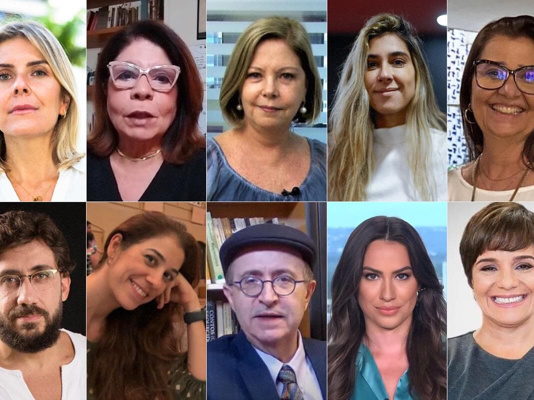 Da esquerda para a direita: Deisy Cioccari, Dora Kramer, Eliane Cantanhede, Letícia Casado, Márcia Lorenzato, Matheus Leitão, Naira Trindade, Reinaldo Azevedo, Tainá Falcão e Vera Magalhães.  - Montagem Congresso em Foco
