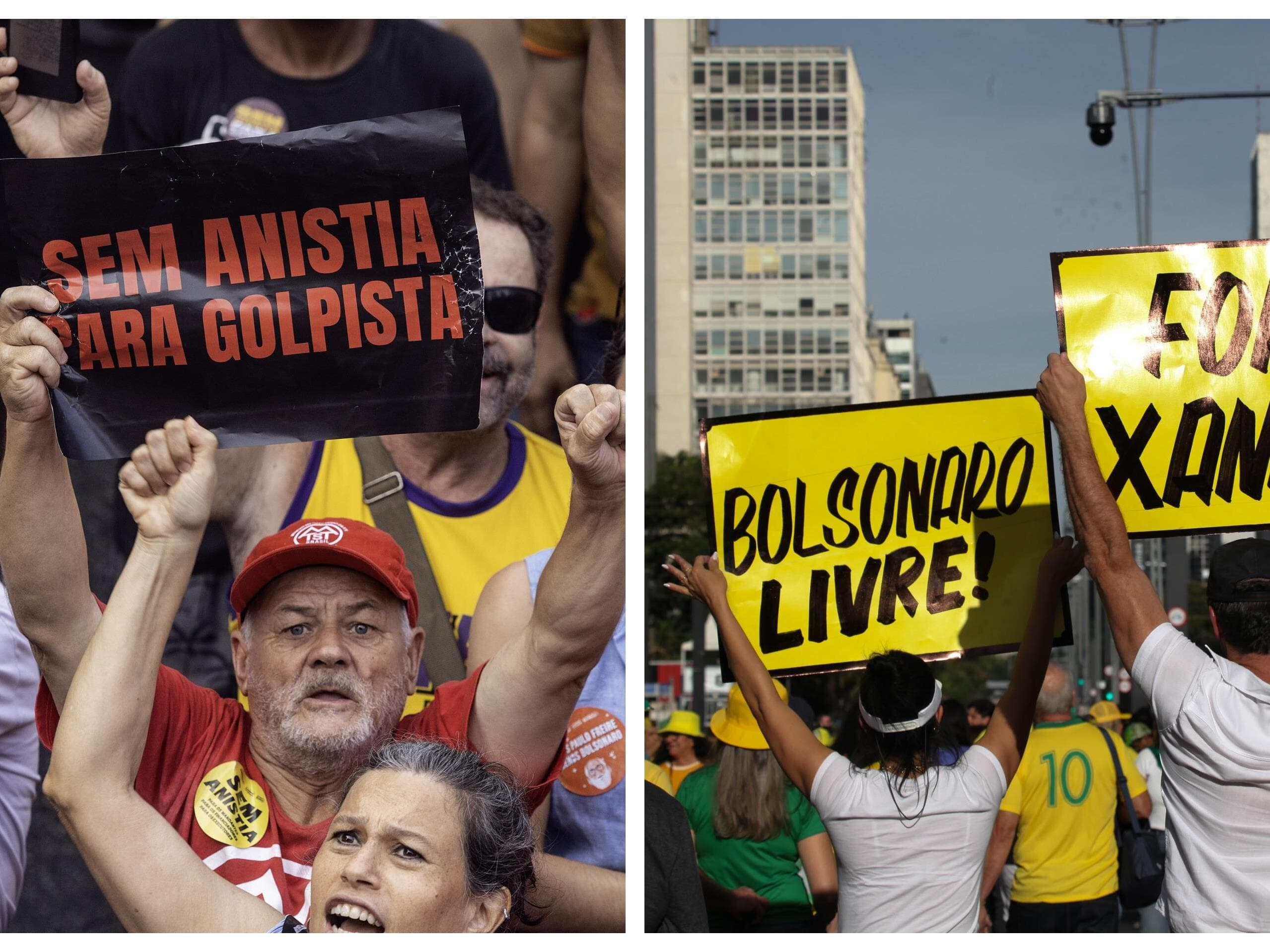 Atos deste domingo vão opor defensores e críticos da anistia para acusados de tentativa de golpe. - Colagem Congresso em Foco: Eduardo Knapp/Folhapress e Dylan Gayer Da Silva/RasPress/Folhapress