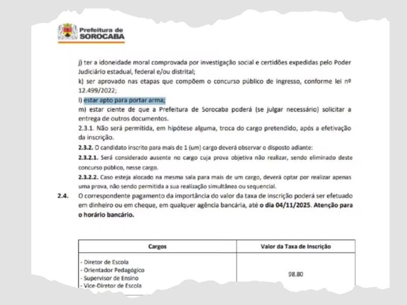 Prefeitura de Sorocaba remove exigência de porte de arma em concurso. - Reprodução