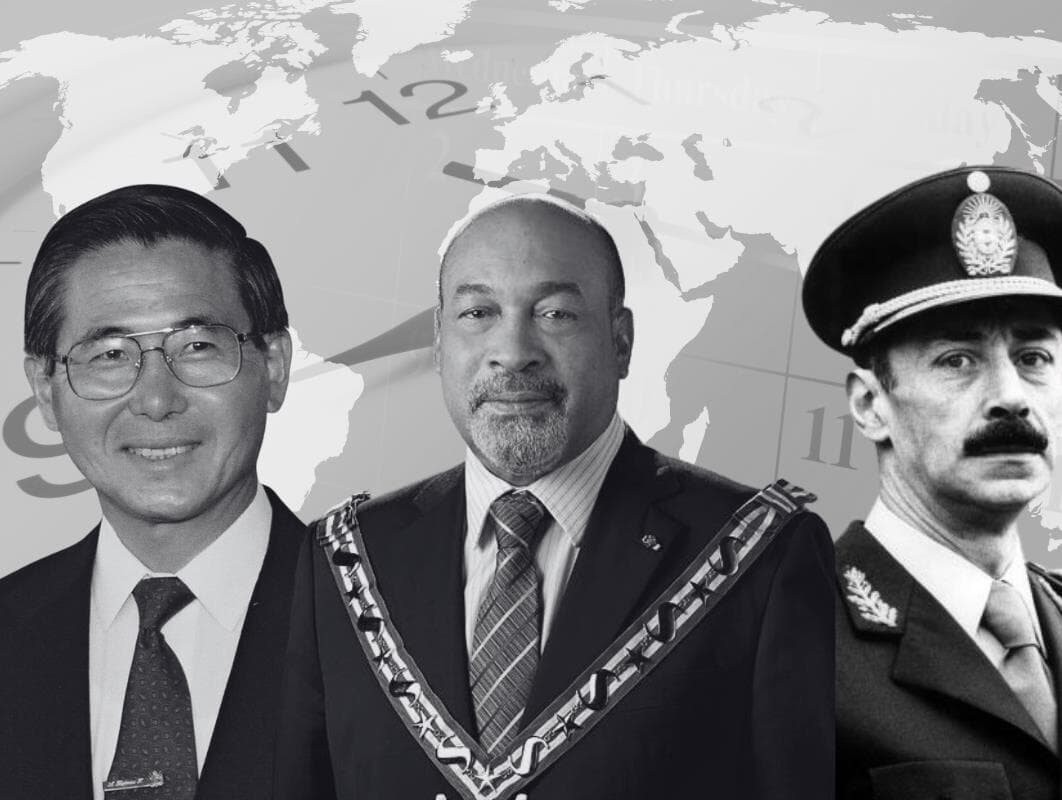 Três ex-presidentes, três destinos: Fujimori, do Peru, recebeu indulto após 15 anos de prisão; Bouterse, do Suriname, teve a anistia cancelada e morreu sem cumprir a pena; Videla, da Argentina, teve perdões anulados e faleceu atrás das grades. - Arte | Congresso em Foco