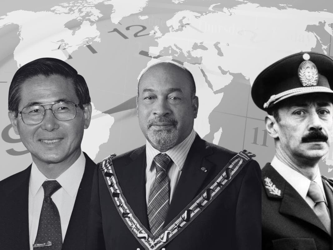 Três ex-presidentes, três destinos: Fujimori, do Peru, recebeu indulto após 15 anos de prisão; Bouterse, do Suriname, teve a anistia cancelada e morreu sem cumprir a pena; Videla, da Argentina, teve perdões anulados e faleceu atrás das grades. - Arte | Congresso em Foco
