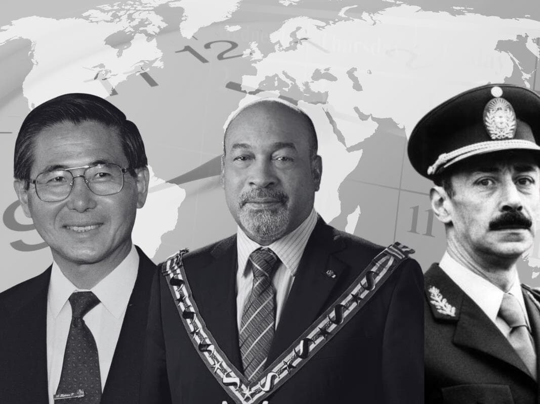 Três ex-presidentes, três destinos: Fujimori, do Peru, recebeu indulto após 15 anos de prisão; Bouterse, do Suriname, teve a anistia cancelada e morreu sem cumprir a pena; Videla, da Argentina, teve perdões anulados e faleceu atrás das grades. - Arte | Congresso em Foco