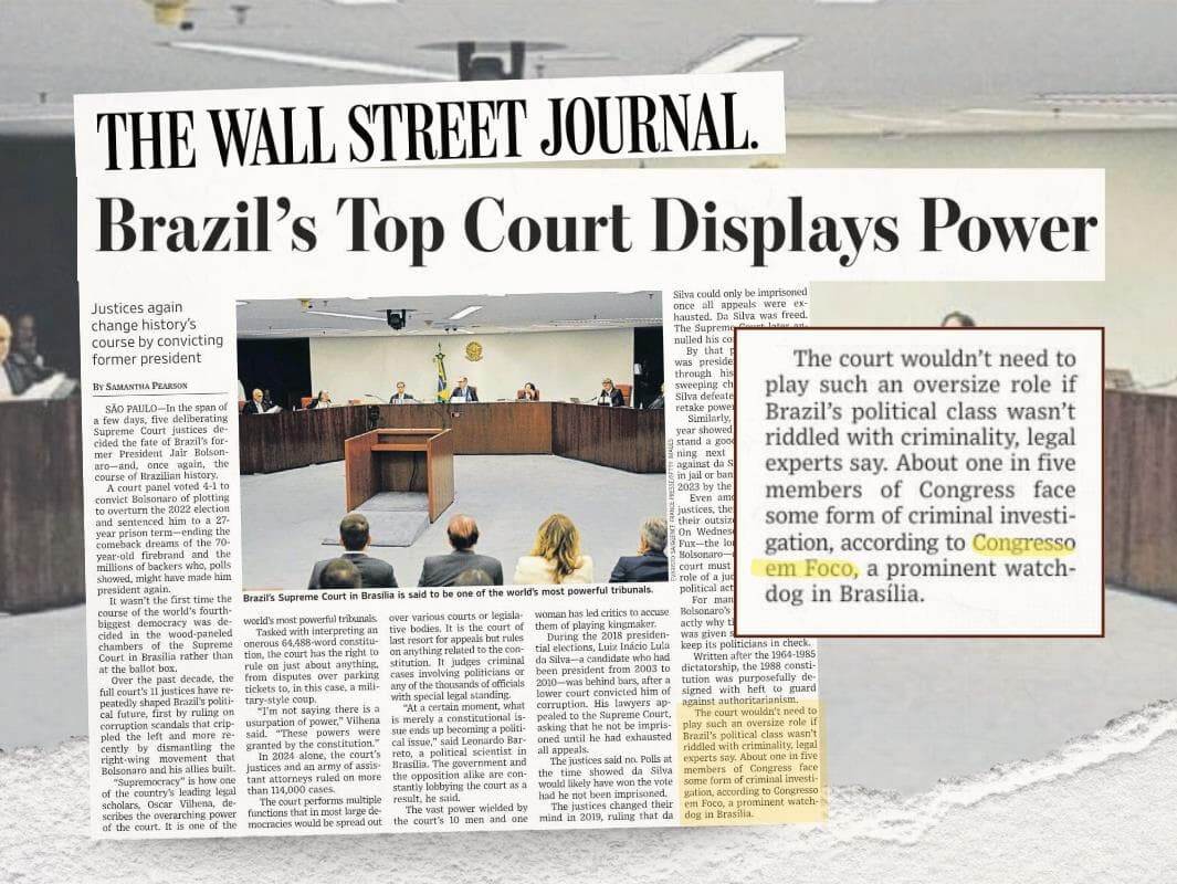 Reprodução da reportagem de um dos jornais mais influentes do mundo que destaca o Congresso em Foco como um proeminente fiscalizador dos Poderes em Brasília. - Reprodução/The Wall Street Journal | Arte Congresso em Foco