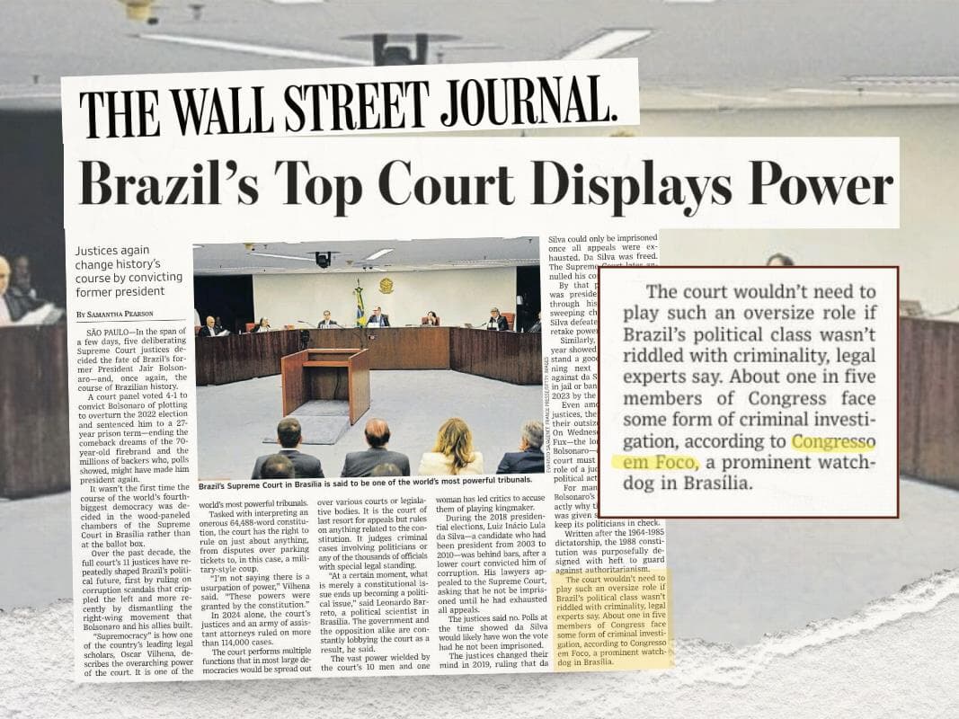 Reprodução da reportagem de um dos jornais mais influentes do mundo que destaca o Congresso em Foco como um proeminente fiscalizador dos Poderes em Brasília. - Reprodução/The Wall Street Journal | Arte Congresso em Foco