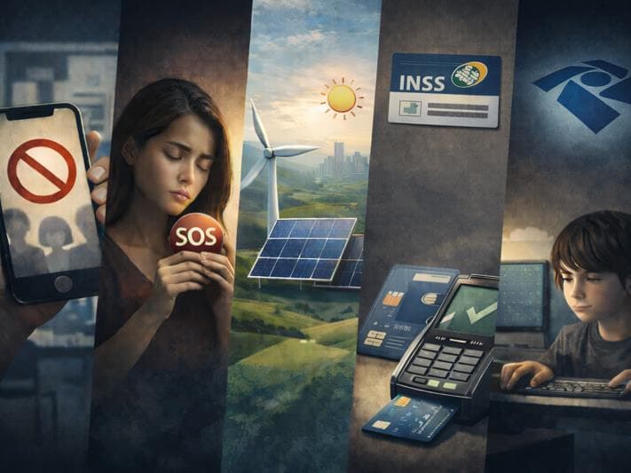 Proibição de celular em sala de aula, tornozeleira eletrônica para agressor de mulheres, mudança no IR e regras mais rígidas para exploração infantil nas redes viraram objeto de lei em 2025. - IA | Arte Congresso em Foco