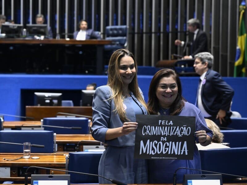 Autora do texto, senadora Ana Paula Lobato posa com cartaz contra a misoginia.  - Carlos Moura/Agência Senado