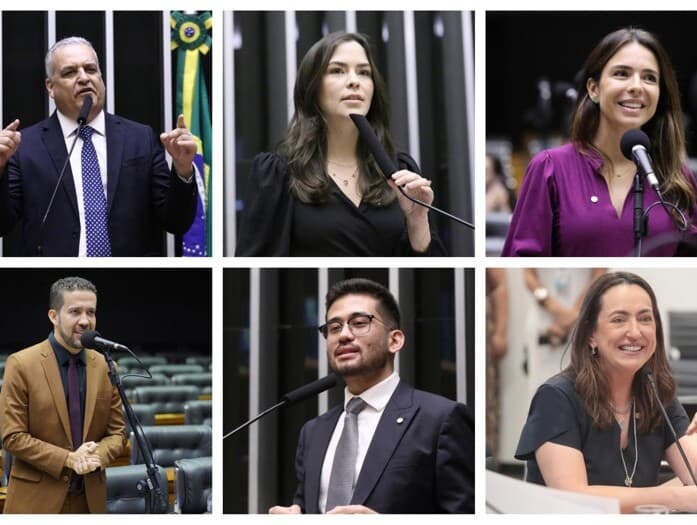Da esquerda para a direita: Alfredo Gaspar, Maria Arraes, Any Ortiz, André Janones, Kim Kataguiri e Rosângela Moro. Os seis trocaram de legenda nas últimas semanas. - Vinicius Loures, Kayo Magalhães, Zeca Ribeiro, Pablo Valadares e Bruno Spada/Agência Câmara