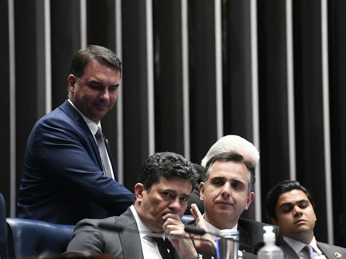 Flávio Bolsonaro e Sergio Moro são pré-candidatos à Presidência e ao governo do Paraná, respectivamente; Rodrigo Pacheco ainda não anunciou se concorrerá a governador de Minas Gerais. - Jefferson Rudy/Agência Senado
