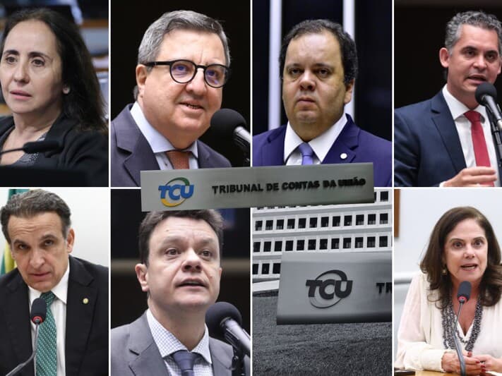 Da esquerda para a direita: Adriana Ventura, Danilo Forte, Elmar Nascimento, Gison Daniel, Hugo Leal, Odair Cunha, a fachada do TCU e Soraya Santos. - Agência Câmara | Montagem Congresso em Foco