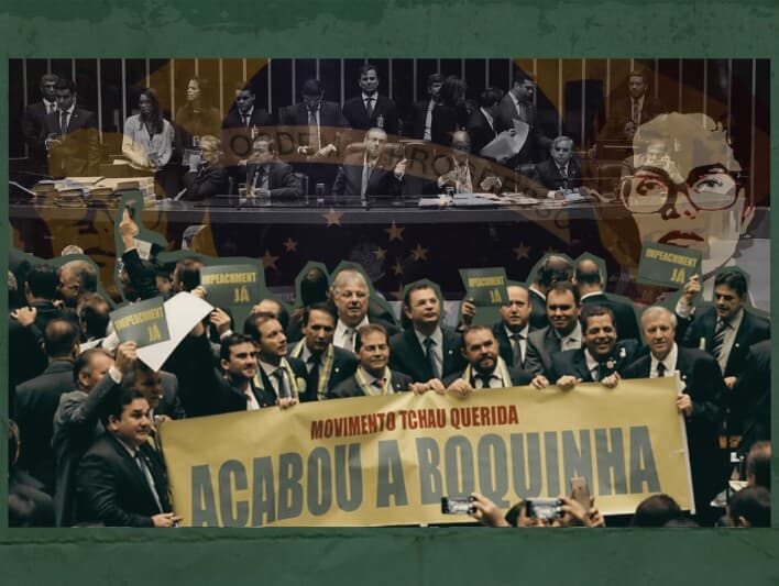 Deputados defensores do impeachment exibem facha contra Dilma e o PT na sessão da Câmara que aprovou a abertura do processo. - Pedro Ladeira/FolhaPress | Sattu Rodrigues | Arte Congresso em Foco