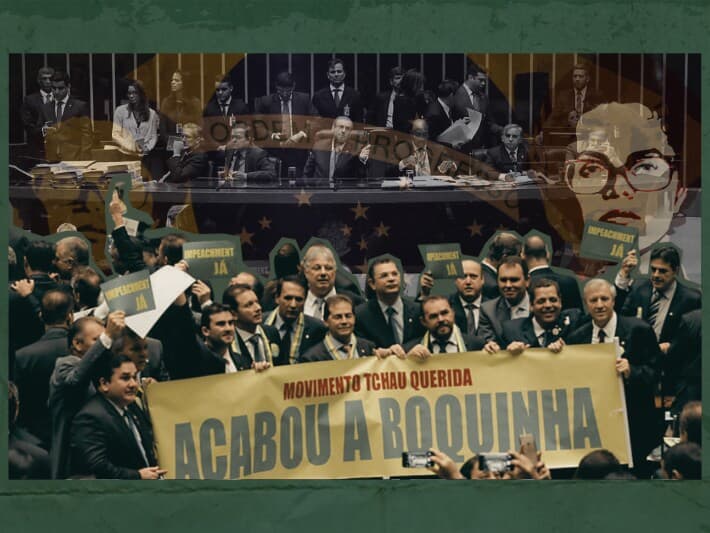 Deputados defensores do impeachment exibem facha contra Dilma e o PT na sessão da Câmara que aprovou a abertura do processo. - Pedro Ladeira/FolhaPress | Sattu Rodrigues | Arte Congresso em Foco