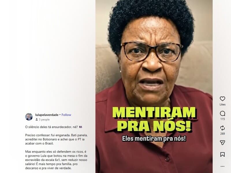 Avatar de "Dona Maria" criado por páginas pró-governo para defender Lula nas redes sociais gerada por IA. - Reprodução/Instagram