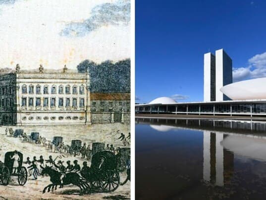 O Palácio Conde dos Arcos, no Rio, onde foi realizada a primeira sessão do Parlamneto em 1826, e a atual sede do Congresso Nacional, em Brasília. - R. Walsh/Notices of Brazil | Pedro França/Agência Senado