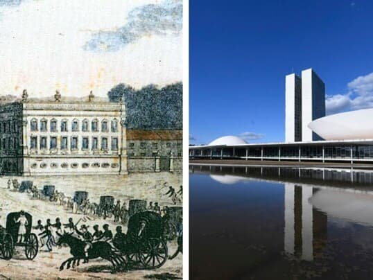 O Palácio Conde dos Arcos, no Rio, onde foi realizada a primeira sessão do Parlamneto em 1826, e a atual sede do Congresso Nacional, em Brasília. - R. Walsh/Notices of Brazil | Pedro França/Agência Senado