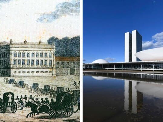 O Palácio Conde dos Arcos, no Rio, onde foi realizada a primeira sessão do Parlamneto em 1826, e a atual sede do Congresso Nacional, em Brasília. - R. Walsh/Notices of Brazil | Pedro França/Agência Senado