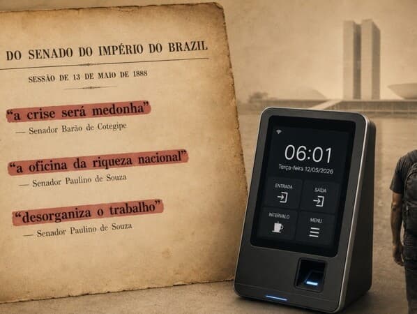 A arte reúne trechos de discursos parlamentares do século 19 usados contra a abolição e os coloca em diálogo com o debate atual sobre jornada de trabalho. - Arte Congresso em Foco