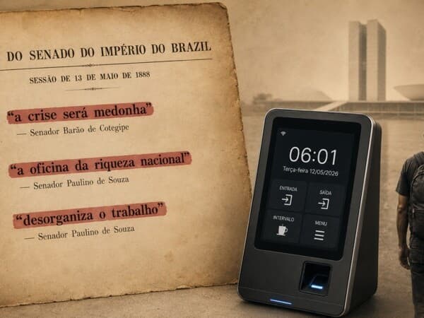 A arte reúne trechos de discursos parlamentares do século 19 usados contra a abolição e os coloca em diálogo com o debate atual sobre jornada de trabalho. - Arte Congresso em Foco