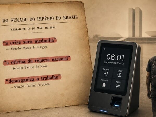 A arte reúne trechos de discursos parlamentares do século 19 usados contra a abolição e os coloca em diálogo com o debate atual sobre jornada de trabalho. - Arte Congresso em Foco