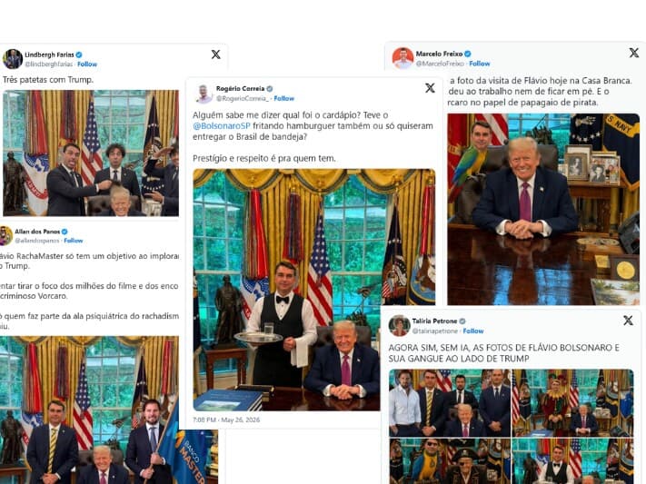 Opositores de Flávio Bolsonaro satirizaram o encontro do senador com Donald Trump. - Reprodução/X | Montagem Congresso em Foco
