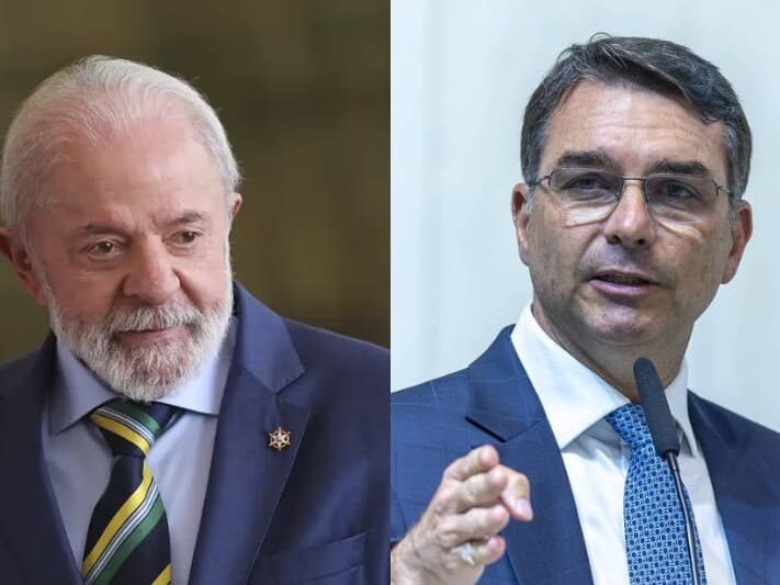 Lula estava em empate técnico, mas numericamente atrás, de Flávio Bolsonaro antes da divulgação de áudios do senador com Daniel Vorcaro. - Marcelo Camargo/Agência Brasil | Danilo Verpa/Folhapress