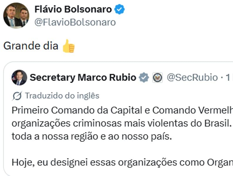 Flávio comemora após EUA classificarem facções como terroristas. - Reprodução/X