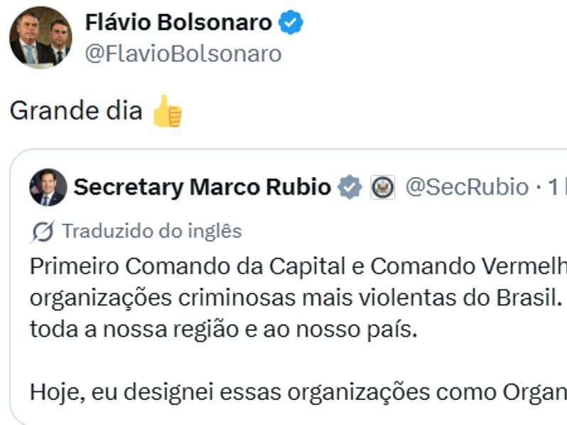 Flávio comemora após EUA classificarem facções como terroristas. - Reprodução/X