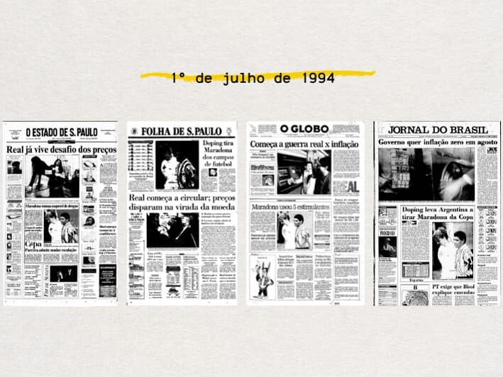 Capas dos principais jornais de circulação nacional no país no dia em que as cédulas de real começaram a circular.  - Arte Congresso em Foco